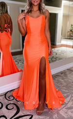 L1690 - Sexy Satin Trumpt Bateau Spaghetti Straps Empire With Side Slit Train Party Prom Evening Dress