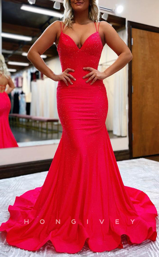 L1691 - Sexy Satin Trumpt Glitter V-Neck Spaghetti Straps Empire With Train Party Prom Evening Dress