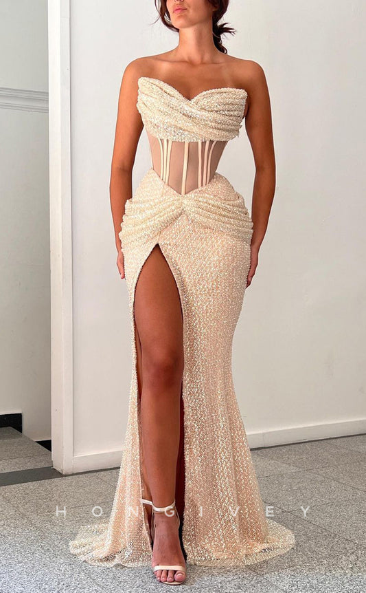 Sexy Fitted Glitter Illusion Asymmetrical Strapless Pleats With Side Slit Party Prom Evening Dress