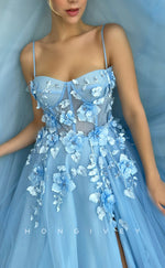 L1704 - Sexy Tulle A-Line Sweetheart Spaghetti Straps Empire Floral Embellished Party Prom Evening Dress