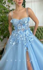 L1704 - Sexy Tulle A-Line Sweetheart Spaghetti Straps Empire Floral Embellished Party Prom Evening Dress