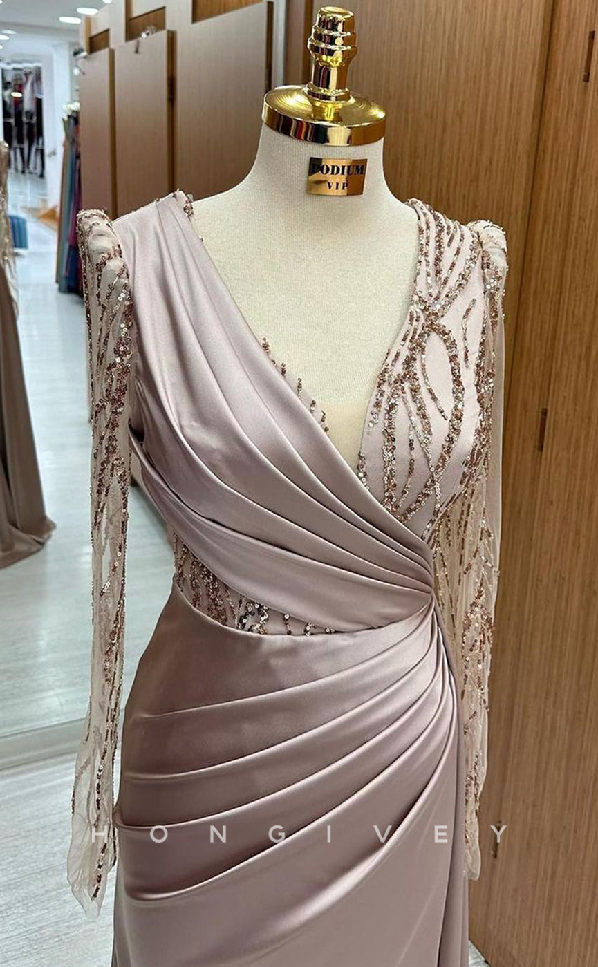 L1705 - Sexy Fitted Satin V-Neck Long Sleeve Empire Pleats Sequined Party Prom Evening Dress
