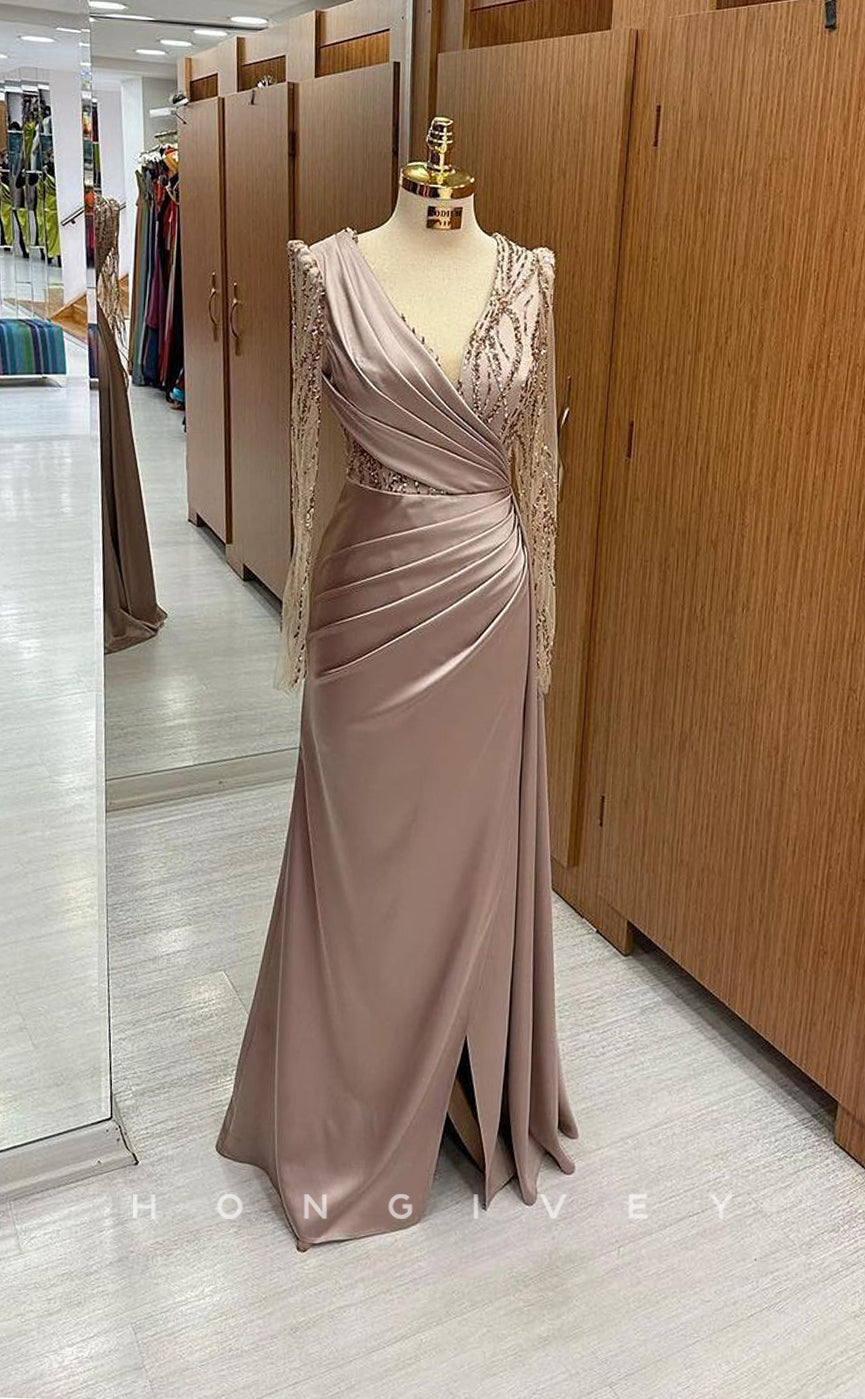 L1705 - Sexy Fitted Satin V-Neck Long Sleeve Empire Pleats Sequined Party Prom Evening Dress