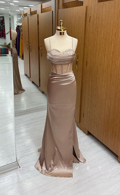 L1706 - Sexy Satin Fitted Illusion Sweetheart Spaghetti Straps Empire Ruched Party Prom Evening Dress