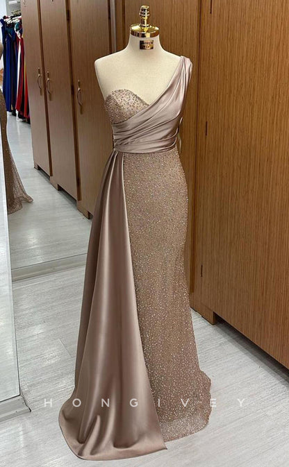 L1707 - Sexy Fitted Satin Glitter One Shoulder Empire Beaded With Train Party Prom Evening Dress
