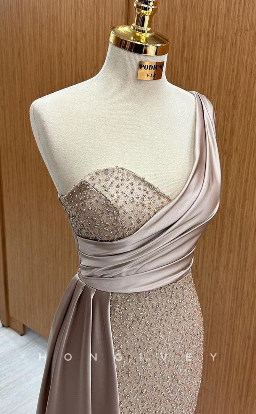 L1707 - Sexy Fitted Satin Glitter One Shoulder Empire Beaded With Train Party Prom Evening Dress