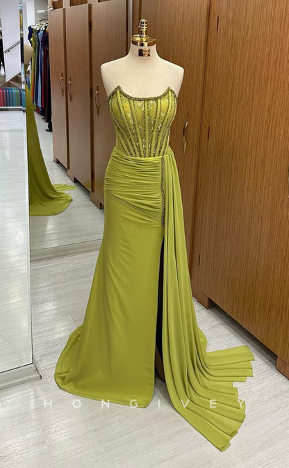 L1709 - Sexy Fitted Satin Glitter Bateau Sleeveless Empire Ruched With Train Party Prom Evening Dress