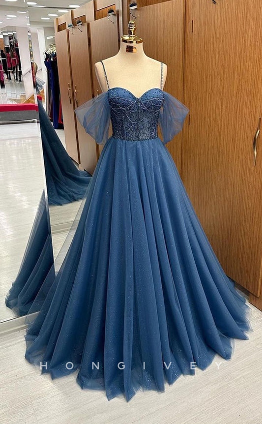 L1711 - Sexy Tulle A-Line Off-Shoulder Spaghetti Straps Empire Appliques Party Prom Evening Dress