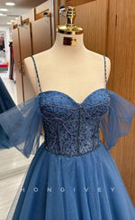 L1711 - Sexy Tulle A-Line Off-Shoulder Spaghetti Straps Empire Appliques Party Prom Evening Dress