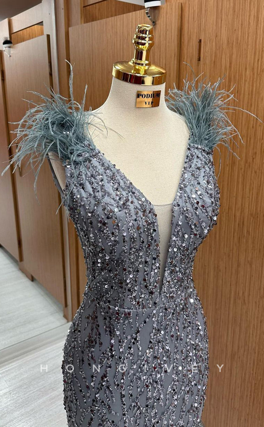 L1712 - Sexy Fitted Glitter V-Neck Straps Feathers Sequined Party Prom Evening Dress