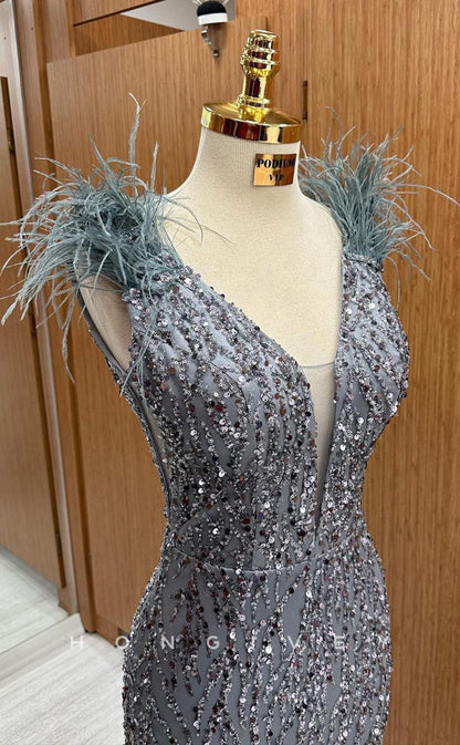 L1712 - Sexy Fitted Glitter V-Neck Straps Feathers Sequined Party Prom Evening Dress