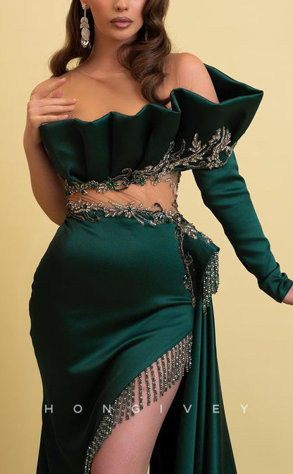 L1731 - Sexy Satin One Shoulder Long Sleeve Illusion Appliques Beaded Fringe With Train Prom Evening Dress