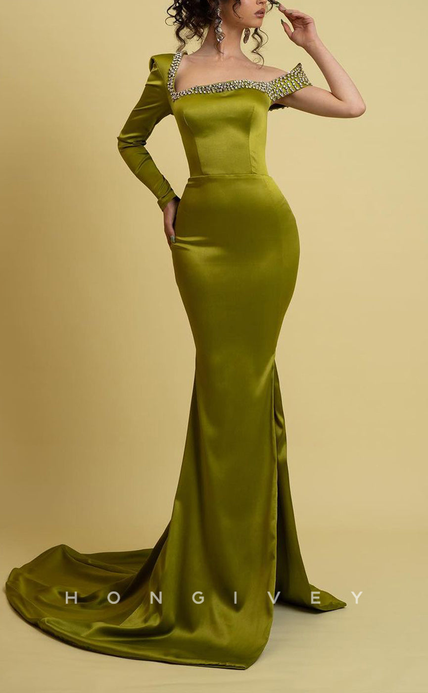 L1732 - Sexy Satin Fitted Asymmetrical Empire Beaded Long Sleeve With Train Party Prom Evening Dress