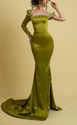 L1732 - Sexy Satin Fitted Asymmetrical Empire Beaded Long Sleeve With Train Party Prom Evening Dress