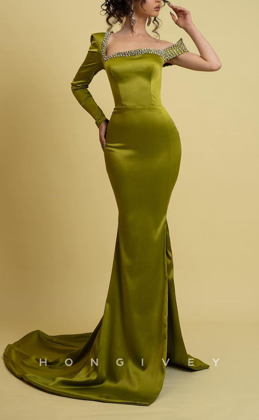 L1732 - Sexy Satin Fitted Asymmetrical Empire Beaded Long Sleeve With Train Party Prom Evening Dress