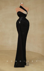 L1734 - Sexy Satin Fitted One Shoulder Sleeveless Empire Beaded Party Prom Evening Dress