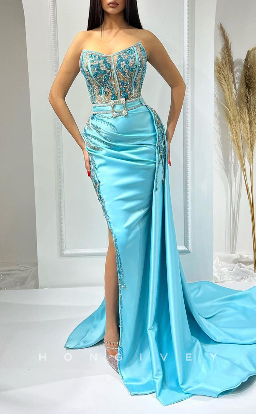 L1736 - Sexy Satin Fitted Glitter Bateau Sleeveless Empire Belt Ruched Beaded Party Prom Evening Dress