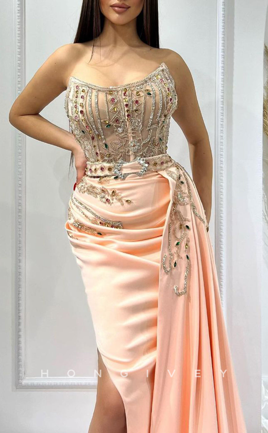 L1737 - Sexy Satin Fitted Glitter Bateau Sleeveless Empire Belt Ruched Beaded Party Prom Evening Dress
