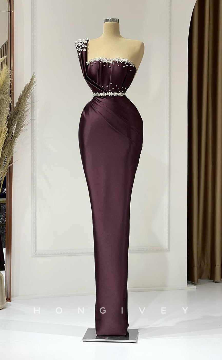 L1739 - Sexy Satin Fitted One Shoulder Sleeveless Empire Ruched Beaded Belt Party Prom Evening Dress