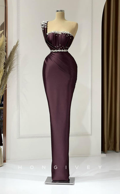 L1739 - Sexy Satin Fitted One Shoulder Sleeveless Empire Ruched Beaded Belt Party Prom Evening Dress
