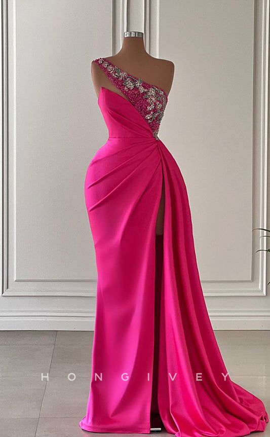 L1741 - Sexy Satin Fitted One Shoulder Sleeveless Empire Ruched Beaded Party Prom Evening Dress