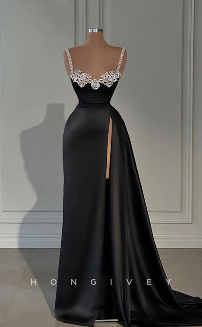 L1742 - Sexy Satin A-Line Sweetheart Spaghetti Straps Empire Beaded With Side Slit Party Prom Evening Dress