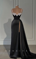 L1742 - Sexy Satin A-Line Sweetheart Spaghetti Straps Empire Beaded With Side Slit Party Prom Evening Dress