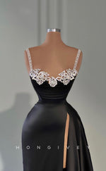 L1742 - Sexy Satin A-Line Sweetheart Spaghetti Straps Empire Beaded With Side Slit Party Prom Evening Dress