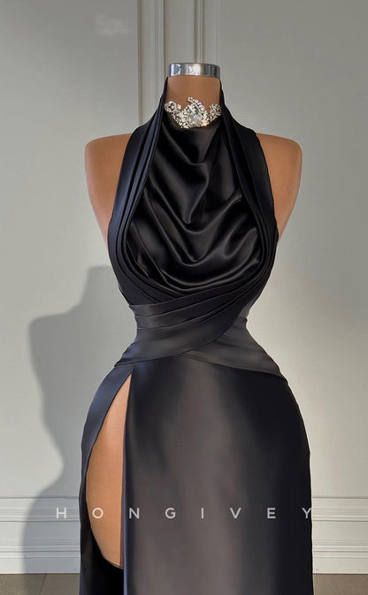 L1743 - Sexy Satin Fitter High Neck Sleeveless Ruched Empire With Side Slit Party Prom Evening Dress