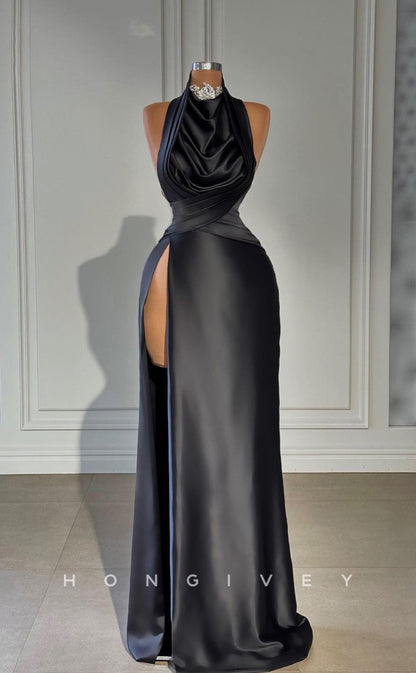 L1743 - Sexy Satin Fitter High Neck Sleeveless Ruched Empire With Side Slit Party Prom Evening Dress