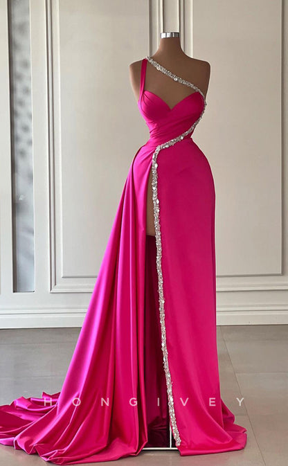 L1744 - Sexy Satin A-Line One Shoulder Empire Sleeveless Ruched Beaded With Side Slit Prom Evening Dress