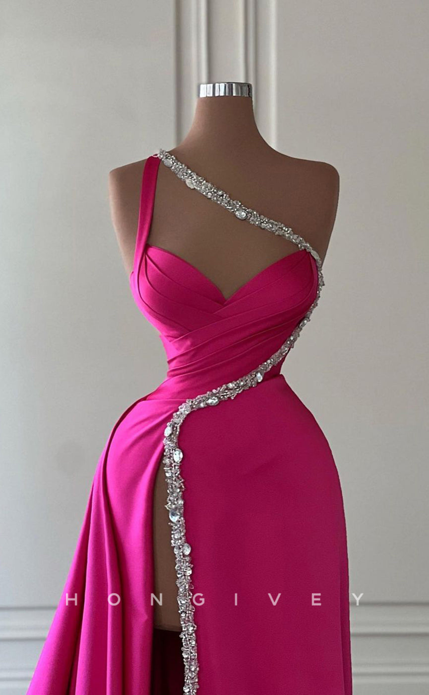 L1744 - Sexy Satin A-Line One Shoulder Empire Sleeveless Ruched Beaded With Side Slit Prom Evening Dress