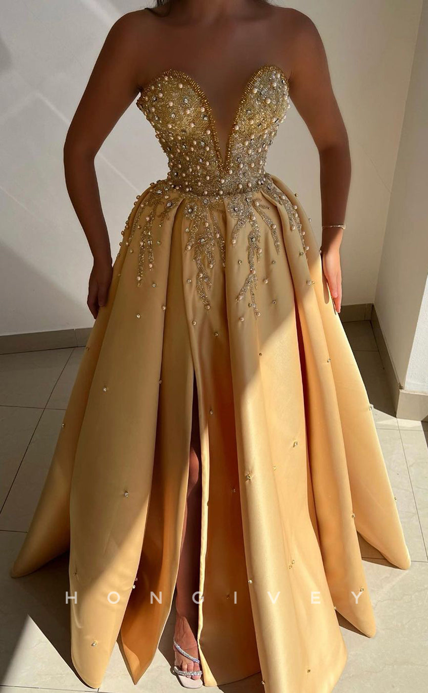 L1746 - Sexy Satin Glitter A-Line V-Neck Strapless Sleeveless Empire Beaded Party Prom Evening Dress