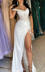 L1749 - Sexy Satin Fitted Off-Shoulder Empire Ruched Appliques With Side Slit Party Prom Evening Dress