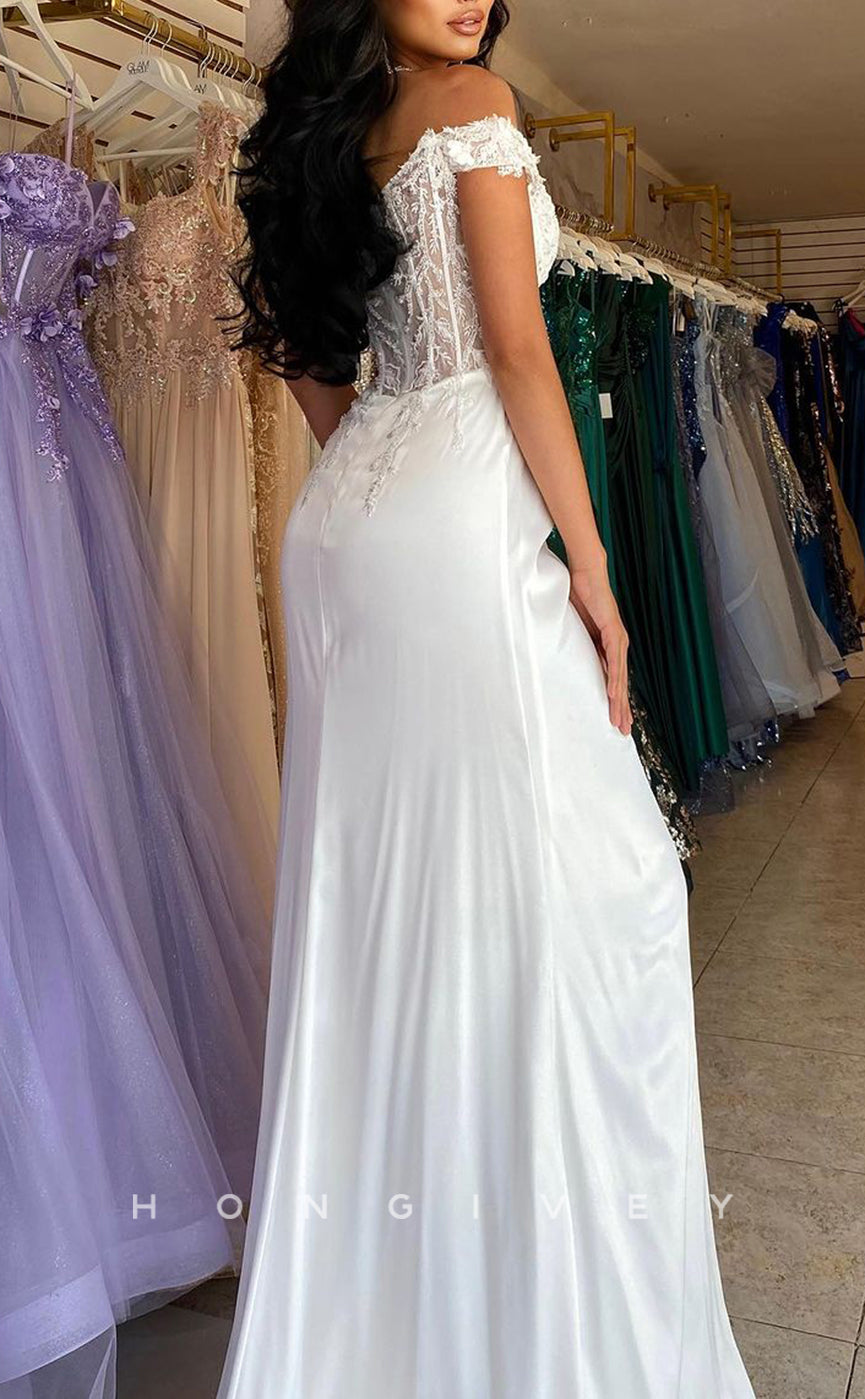 L1749 - Sexy Satin Fitted Off-Shoulder Empire Ruched Appliques With Side Slit Party Prom Evening Dress