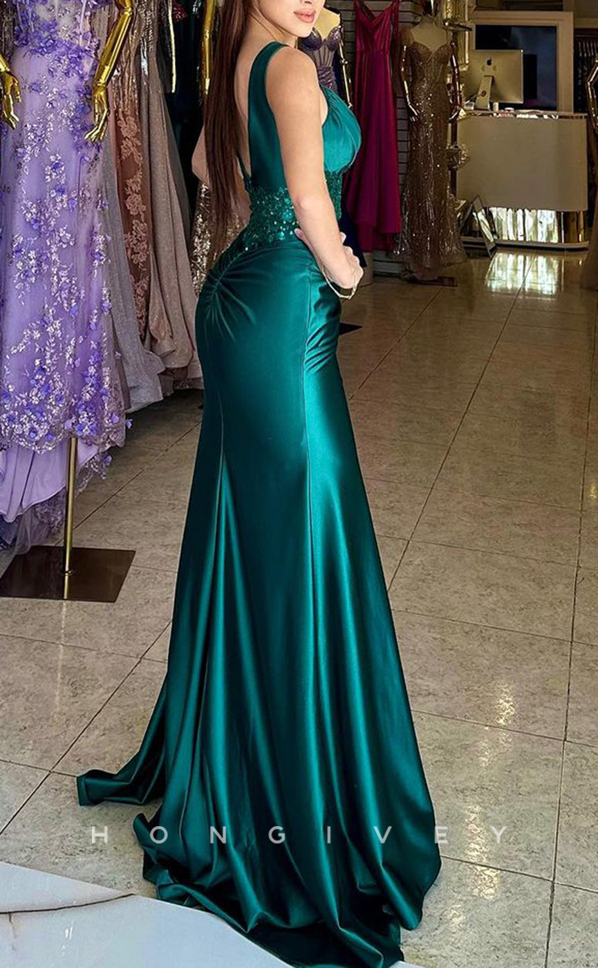 L1751 - Sexy Satin Fitted Asymmetrical Empire Sleeveless Sequined Ruched With Side Slit Prom Evening Dress