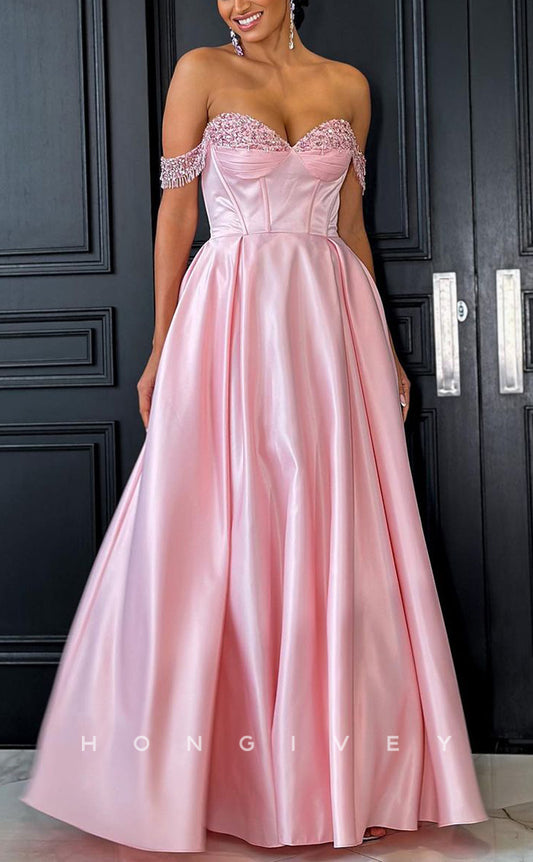 L1753 - Sexy Satin A-Line Off-Shoulder Empire Floor-Length Beaded Fringe Party Prom Evening Dress