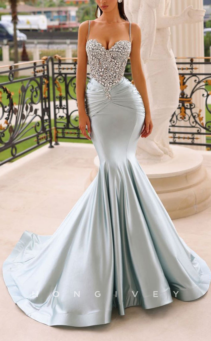 L1755 - Sexy Satin Trumpt Glitter Sweetheart Spaghetti Straps Ruched Beaded Party Prom Evening Dress