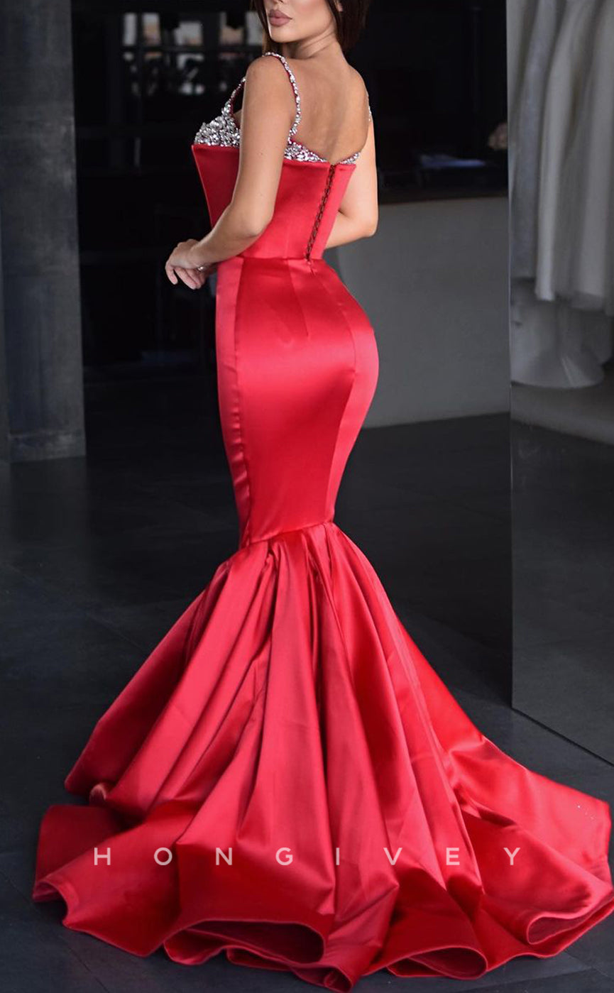 L1764 - Sexy Satin Trumpt Sweetheart Spaghetti Straps Empire Beaded Party Prom Evening Dress