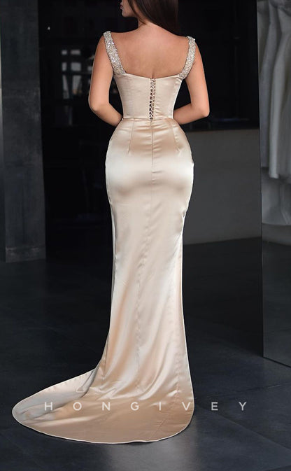 L1766 - Sexy Satin Fitted Glitter Asymmetrical Spaghetti Straps Empire Appliques Party Prom Evening Dress
