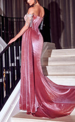 L1767 - Sexy Satin Fitted Off-Shoulder Beaded Fringe Empire Ruched With Side Slit Train Party Prom Evening Dress