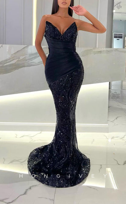 L1768 - Sexy Satin Trumpt V-Neck Strapless Sleeveless Beaded Sequined Party Prom Evening Dress