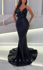 L1769 - Sexy Satin Trumpt V-Neck Sleeveless  Empire Ruched Beaded Feathers Party Prom Evening Dress