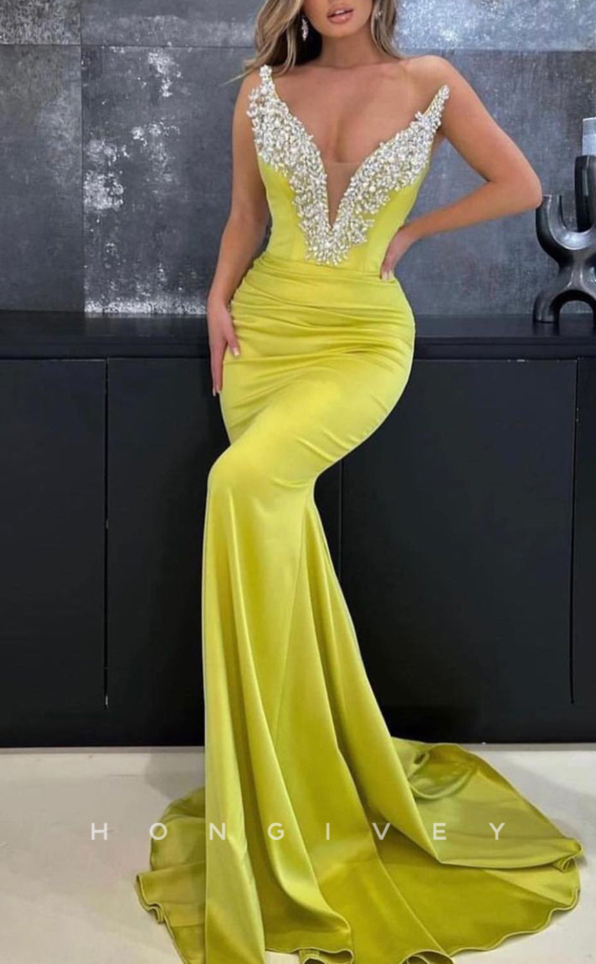 L1770 - Sexy Satin Fitted Glitter V-Neck Sleeveless Empire Ruched With Train Party Prom Evening Dress
