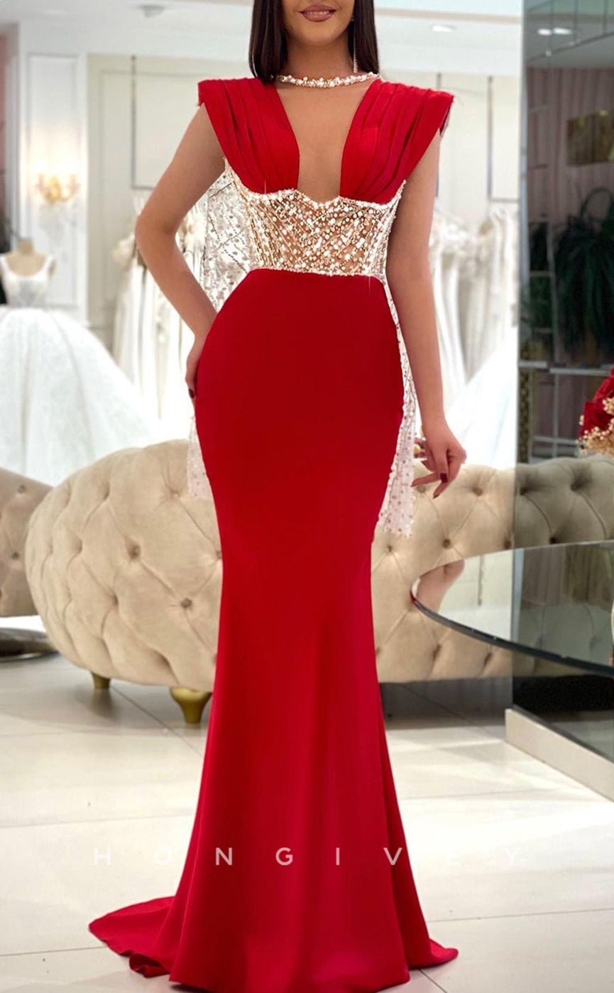 L1771 - Sexy Satin Fitter Illusion Round Sleeveless Empire Beaded Pearls Party Prom Evening Dress
