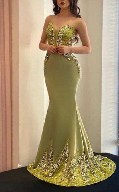L1772 - Sexy Satin Trumpt Glitter Sweetheart Sleeveless Empire Beaded Party Prom Evening Dress