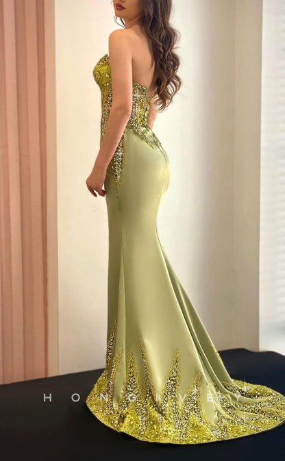 L1772 - Sexy Satin Trumpt Glitter Sweetheart Sleeveless Empire Beaded Party Prom Evening Dress