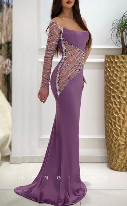 L1773 - Sexy Satin Fitted Glitter One Shoulder Long Sleeve Illusion Beaded Party Prom Evening Dress