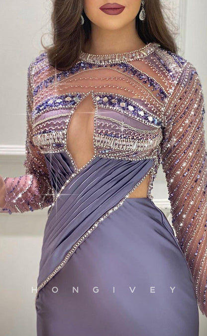 L1774 - Sexy Satin Fitted Glitter Round Long Sleeve Ruched Illusion Beaded Party Prom Evening Dress