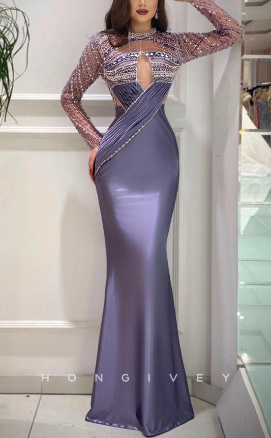 L1774 - Sexy Satin Fitted Glitter Round Long Sleeve Ruched Illusion Beaded Party Prom Evening Dress